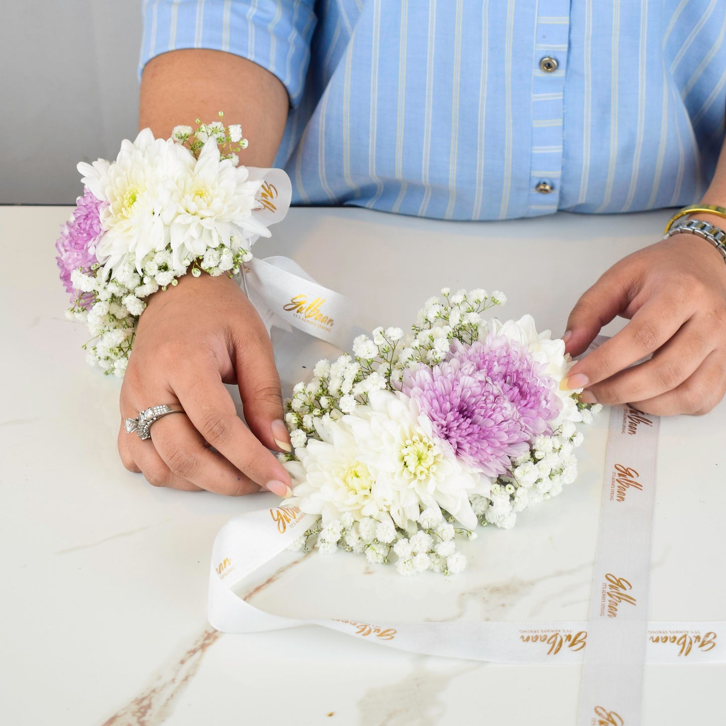 Gajra Pair with White and Purple Chrysanthemums