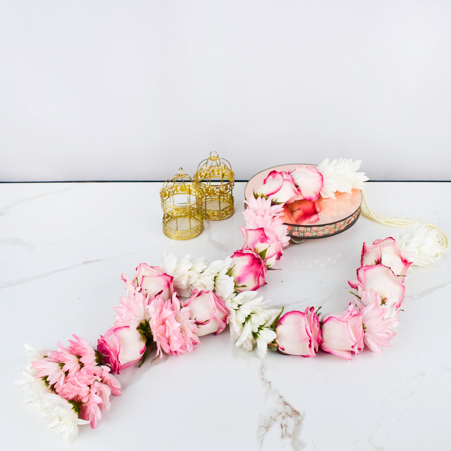 Garland with Pink Roses and White Chrysanthemums