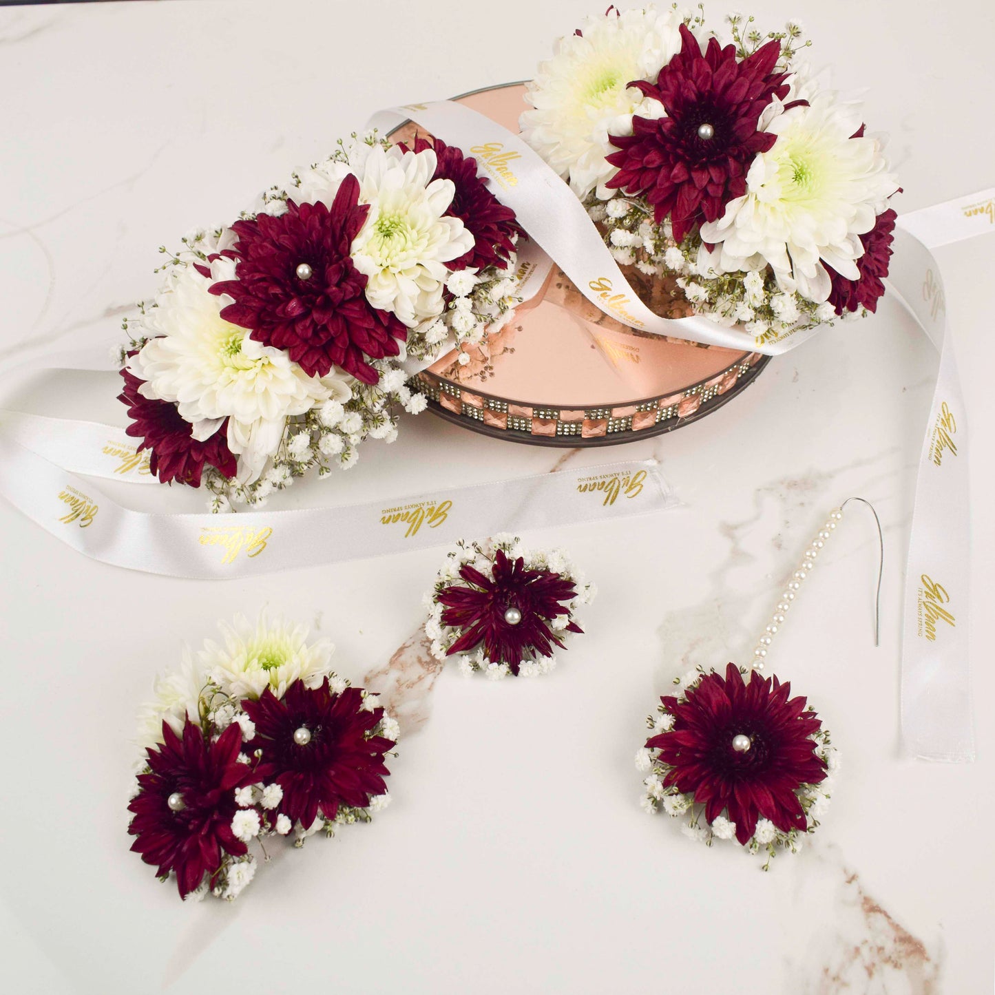 Maroon and White Floral Jewelry Set